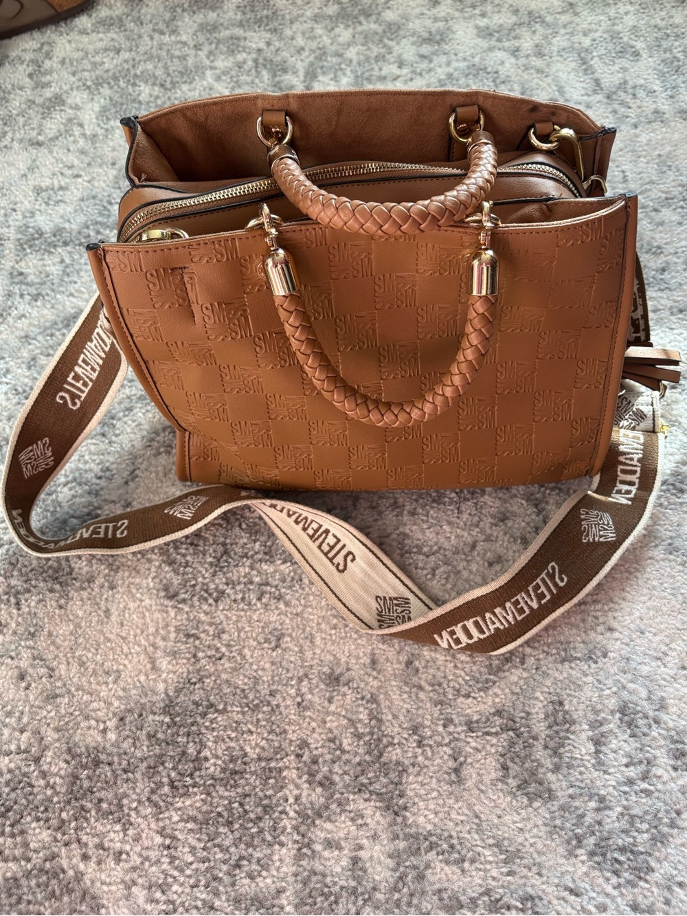 Steve Madden Tan Braided-Handle Satchel